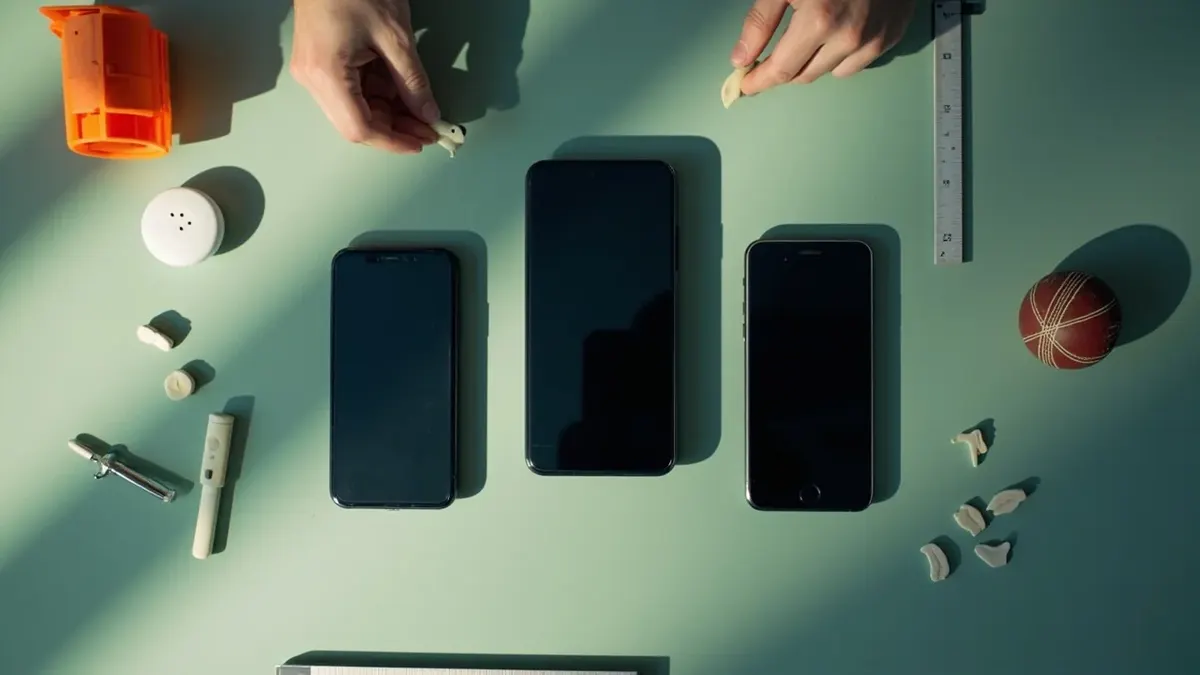 Researcher comparing three unbranded phones on a workbench