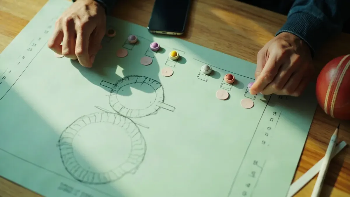 Eleven selection tokens arranged around a cricket field diagram