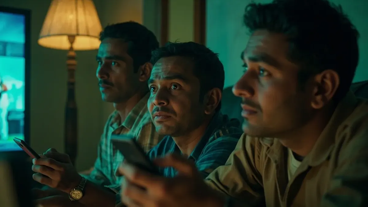 Friends calmly tracking a cricket match in a living room